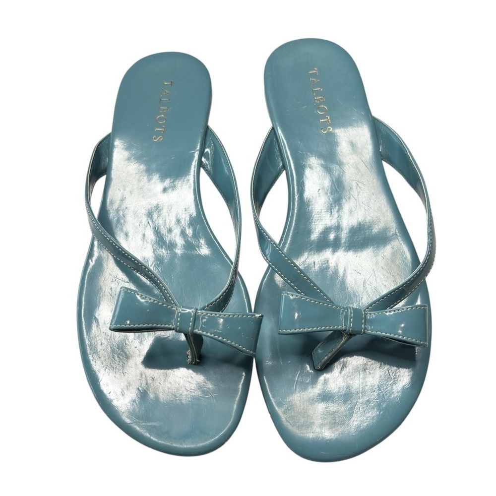 Talbots Womens Blue Sandals Patent Leather Flats Flip Flops with Bow Size US 9